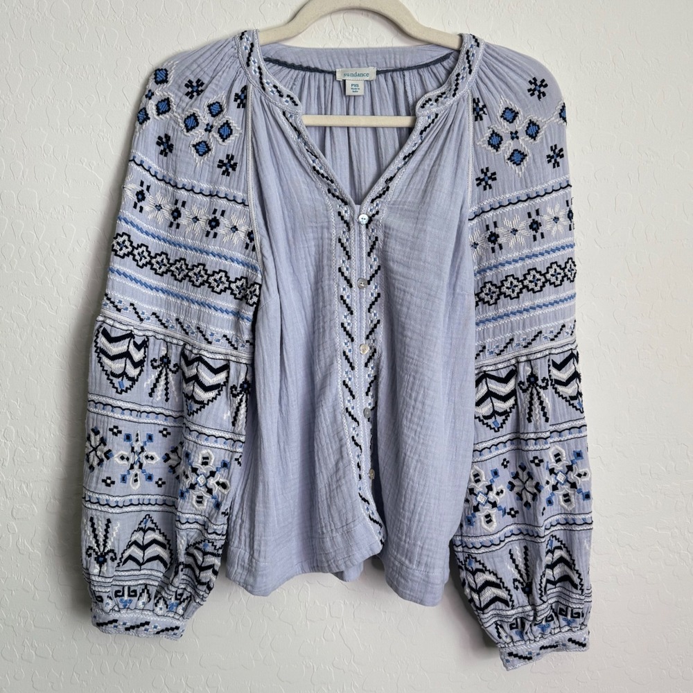 Sundance Blue Embroidered Cotton Gauze Peasant Blouse Balloon Sleeve PXS Boho